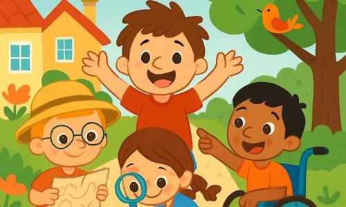 Quatre enfants sont réunis : Léo, 7 ans, cheveux bruns en bataille, t-shirt rouge et short bleu, se tient au centre en levant les bras ; Tom, 6 ans, lunettes rondes et cheveux blonds, porte une chemise à carreaux et un chapeau de paille, il est à gauche de Léo avec une carte au trésor ; Sami, 7 ans, cheveux noirs, est dans un fauteuil roulant décoré, à droite de Léo, pointant un arbre ; Max, 6 ans, cheveux châtains tressés et robe à fleurs, est derrière Léo avec une loupe. Ils explorent un quartier ensoleillé avec des maisons colorées, des jardins fleuris et des arbres, à la recherche de trésors cachés.