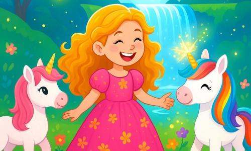 La princesse Lila, une fillette joyeuse d'environ 10 ans, porte une robe rose ornée de fleurs dorées. Ses longs cheveux bouclés brillent et son sourire éclatant illumine son visage. Elle rit aux éclats, entourée de licornes colorées. Éclair, à sa droite, projette des étincelles magiques avec sa corne, tandis que Pétale, à gauche, fait pousser des fleurs. La scène se déroule près de la Cascade des Vœux, où l'eau crée des arcs-en-ciel. Lila et ses licornes jouent joyeusement près de la cascade, lançant des fleurs dans l'eau pour faire des vœux, remplissant l'air de magie et de bonheur.