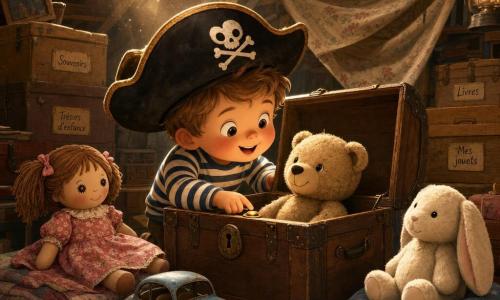 Un garçon de 2 ans, cheveux châtain clair, portant un chapeau de pirate trop grand et une chemise rayée, ouvre une vieille malle en bois et appuie sur un petit bouton doré; au centre une peluche beige souriante est dans la malle, à gauche une poupée de chiffon en robe fleurie est assise sur une couverture, à droite un lapin blanc repose sur un coussin bleu et une petite voiture bleue rouillée est au pied de la malle; le grenier chaud et poussiéreux, avec poutres apparentes, boîtes étiquetées et une couverture formant une cabane, baigne dans une lumière dorée tandis que la couverture se soulève pour révéler une cachette secrète, ambiance câline aux couleurs chaudes et textures douces.