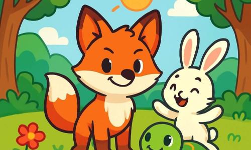 Filou le renard, au pelage roux éclatant et aux yeux pétillants, se tient au centre d'une clairière ensoleillée, affichant un sourire fier et déterminé. À ses côtés, Tip le lapin, aux grandes oreilles blanches, saute joyeusement, tandis que Nina la tortue, avec sa carapace verte ornée de motifs dorés, sourit doucement, observant ses amis avec bienveillance. La clairière, entourée d'arbres majestueux et de fleurs colorées, crée une atmosphère chaleureuse. Ils se préparent pour le Grand Concours des Renards, avec des expressions de détermination et de joie, prêts pour une aventure inoubliable.