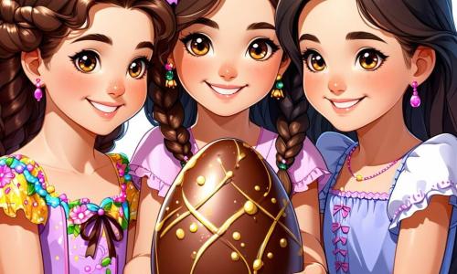 Trois filles de douze ans se tiennent autour d'un grand œuf en chocolat décoré de motifs dorés. Zoé, avec des cheveux bouclés et un sourire éclatant, tient l'œuf avec excitation. À sa droite, Emma, aux cheveux lisses et bruns, porte une robe colorée et regarde l'œuf avec des yeux pétillants. À gauche, Lila, avec des tresses et un bandeau fleuri, s'exclame de joie, les bras levés. Elles se trouvent dans un jardin enchanteur, rempli de fleurs de cerisier, de buissons verdoyants et d'un vieux pommier. Le ciel est bleu avec des nuages blancs, et des oiseaux volent au-dessus d'elles. Elles découvrent l'œuf mystérieux dans une atmosphère festive, symbolisant l'esprit de Pâques et l'aventure qui les attend.