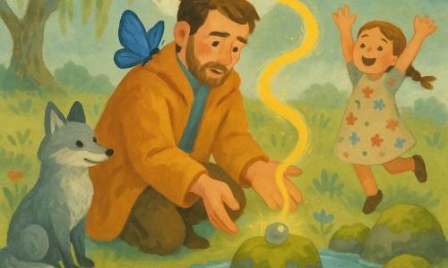 Lucien, visage doux et barbe naissante, agenouillé devant une source, tend les mains vers une perle grise sur une pierre moussue d’où s’échappe une lueur dorée en spirale ; un papillon bleu métallique est posé sur son épaule droite, un renard argenté assis en retrait à gauche le regarde malicieusement, et une fillette d’environ sept ans en robe à fleurs saute de joie au bord de l’eau claire dans une clairière brumeuse aux pierres moussus, herbes et petites fleurs, avec un vieux saule en arrière‑plan — ambiance féerique, couleurs chaudes et pastels, textures épaisses de gouache.