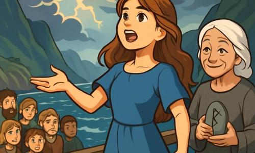 Eira, une jeune femme aux cheveux longs et châtain clair, se tient sur une jetée en bois, son visage rayonnant d'espoir et de détermination. Elle porte une robe en lin bleu, flottant au vent, et ses yeux brillent d'une lueur courageuse. À ses côtés, Vedis, une vieille femme d'environ soixante-dix ans, avec des cheveux blancs et des rides, observe Eira avec bienveillance, vêtue d'une robe en laine grise et tenant une runepierre. Le lieu est un fjord majestueux, entouré de montagnes, avec des vagues s'écrasant contre les rochers. Le ciel, chargé de nuages sombres, annonce une tempête imminente, mais une lueur d'espoir perce à travers. Eira chante avec passion pour apaiser le tonnerre au loin, tandis que les villageois, rassemblés derrière elle, écoutent attentivement, mêlant inquiétude et curiosité. La nature semble réagir à sa voix, créant une atmosphère magique et tendue.