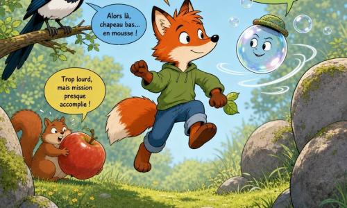 Un jeune renard roux anthropomorphe, expression curieuse et fière, marche prudemment sur un pont invisible en posant les pattes comme sur des marches; une bulle de savon translucide coiffée d'un minuscule chapeau en mousse tourne à sa droite et le guide; une pie noire et blanche perchée à gauche lance «Salut!» en bulle, un écureuil roux à l'arrière tient une grosse pomme tandis qu'une bulle «Courage!» lui parvient; clairière lumineuse entre deux rochers au bord d'un ruisseau scintillant, herbe et petites fleurs jaunes, lumière matinale douce, ambiance chaleureuse, couleurs vives, composition claire et lisible pour enfants.