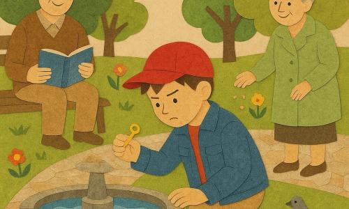 Léo, un garçon agenouillé près d'une fontaine ronde en pierre, tient une petite clé brillante entre le pouce et l'index, visage concentré et émerveillé ; il porte une casquette rouge, veste denim bleue, pantalon beige et baskets usées ; à gauche, Monsieur Martin (≈60 ans) assis sur un banc, cheveux grisonnants, pull à col en V, tient un livre avec un petit symbole bleu et regarde Léo avec bienveillance ; à droite, Madame Dupuis (≈70 ans) debout, chignon gris et manteau vert clair, distribue des miettes aux pigeons en souriant ; parc lumineux en papiers découpés avec pelouse verte, arbres en dégradés verts, fleurs colorées, chemin pavé en mosaïque de papier et fontaine centrale dont l'eau est représentée par des bandes bleues ondulées ; composition centrée, couleurs chaudes, contrastes nets, textures papier visibles et ombres simples.