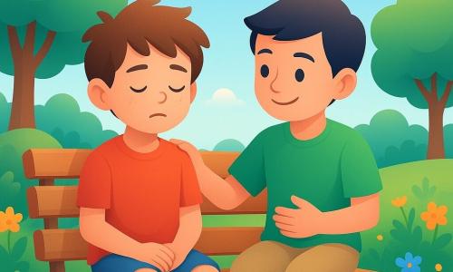Léo, un garçon de 8 ans aux cheveux bruns ébouriffés et aux yeux curieux, porte un t-shirt rouge et un short bleu. Assis sur un banc en bois, les pieds à peine au sol, il ferme les yeux en respirant profondément. À côté de lui, Sami, également 8 ans, cheveux noirs courts et sourire rassurant, porte un t-shirt vert et un pantalon beige. Il pose une main sur l'épaule de Léo et l'autre sur son ventre, montrant comment respirer. Le parc ensoleillé est entouré d'arbres verdoyants, d'un ciel bleu avec quelques nuages blancs et de fleurs colorées près du banc. Léo apprend à calmer son 