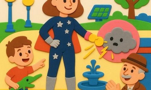Zélia Nova, super-héroïne souriante en combinaison bleu nuit étoilée, bottes argentées et gros bracelet lumineux rose, tend une pastille brillante vers un nuage gris pelucheux aux petits yeux qui étincelle en la mangeant ; un garçon d’environ 6 ans à gauche tient une lampe dinosaure verte et pointe vers le nuage, un homme âgé au chapeau brun à droite applaudit près d’un kiosque tandis que la place de Luminopolis — pavés jaunes, fontaines basses, lampadaires en forme de sucette et rubans lumineux au sol — voit Zélia guider calmement le nuage dans une bulle rose translucide vers le parc solaire, les habitants souriants tenant leurs petites lampes ; style gommettes colorées, formes simples, contours nets, textures mousse EVA, couleurs vives et composition lisible pour enfants.
