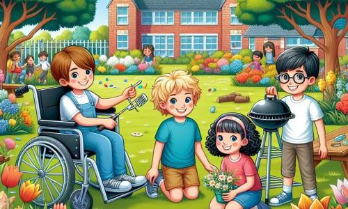 Dans un jardin d'école en pleine floraison, quatre enfants célèbrent le printemps. Pierre, 10 ans en fauteuil roulant, sourit avec son t-shirt bleu. À côté, Emma, 9 ans aux cheveux blonds et bouclés, plante des graines de fleurs. Thomas, 10 ans avec des lunettes, tient un barbecue portable pour griller des marshmallows. Lucas, 9 ans aux cheveux noirs, cache des œufs de Pâques derrière des buissons. Le jardin est coloré avec des marguerites, des jonquilles et des tulipes, tandis que les arbres offrent une ombre douce sous un ciel bleu. La scène illustre la joie des enfants lors d'une chasse aux trésors printanière, symbolisant l'amitié et la beauté de la nature.