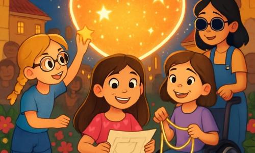 Il y a 4 enfants : **Julie**, 10 ans, avec de longs cheveux bruns, souriante au centre en train de dessiner des plans pour un cœur lumineux ; **Emma**, 10 ans, avec des cheveux blonds en tresses et des lunettes rondes, à gauche de Julie, collant des étoiles sur le cœur ; **Clara**, 10 ans, en fauteuil roulant, vêtue d'une blouse violette, à droite de Julie, tenant des rubans de lumière ; **Léa**, 10 ans, avec des cheveux noirs et des lunettes de soleil, derrière Clara, l'aidant à nouer les rubans. Le lieu est la **place du village de Luminaria**, illuminée par des lanternes colorées, avec un grand cœur lumineux flottant sous un ciel étoilé. Les quatre amies travaillent ensemble pour créer ce cœur, symbole d'amour et d'amitié, entourées par la magie de la Saint-Valentin.