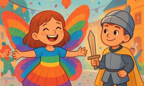 Lila, une petite fille de 8 ans, se tient au centre de l'image, joyeuse avec des ailes de papillon multicolores en papier crépon qui scintillent au soleil. Elle porte une robe arc-en-ciel et un grand sourire d'excitation pour le carnaval. À ses côtés, son ami Malo, déguisé en chevalier avec une cape dorée et tenant une épée en carton, l'encourage. En arrière-plan, la rue piétonne est décorée de guirlandes colorées et de lanternes lumineuses, tandis que des enfants déguisés dansent et rient. La scène dégage une atmosphère festive et magique, alors que Lila s'apprête à danser au cœur de la fête.