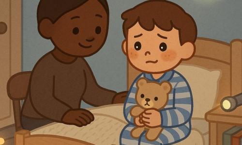 Garçon de 10 ans, cheveux bruns courts, pyjama rayé bleu et blanc, expression inquiète mais rassurée (yeux légèrement brillants, sourcils froncés, petit sourire), assis au bord du lit en serrant un doudou beige pelucheux contre sa poitrine; à sa gauche une femme d’environ 35 ans au chignon châtain, visage doux et souriant, main posée sur la couverture pour le rassurer; sur la table de nuit à droite une petite lampe de poche métallique éteinte et une mini-lampe à pile ronde; près de la porte un autocollant phosphorescent en forme de lune émettant une lueur jaune‑vert pâle; le long de la plinthe une guirlande d’ampoules chaudes forme un chemin lumineux vers la porte; chambre petite et chaleureuse avec lit en bois clair, couverture tricotée crème, étagère basse avec quelques livres colorés et une chaise en bois sombre à silhouette arrondie dans l’ombre; lumière principale éteinte, ambiance nocturne douce, le garçon apprivoise le noir grâce aux repères lumineux et à la présence réconfortante de sa mère; composition centrée sur leurs visages et le chemin de guirlande; style visuel aux formes simples et contours arrondis, palette pastel douce (bleus, crème, jaune pâle), textures délicates (tricot, peluche) et contraste entre zones sombres et points lumineux chauds.