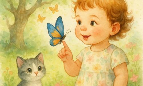 Emma, 2 ans, visage rond et cheveux courts bouclés châtain clair, tend la main vers un papillon bleu et orange posé sur son doigt; un chaton gris et blanc assis dans l'herbe à gauche la regarde; en arrière-plan, un groupe de papillons vole autour d'un grand arbre ancien dans un jardin luxuriant de fleurs roses et jaunes, herbe douce et rayons de soleil, ambiance chaleureuse et paisible aux tons aquarelle.