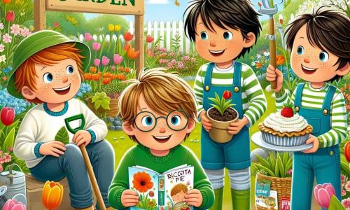 Quatre garçons de 10 ans se tiennent dans un jardin fleuri. Lucas, avec des cheveux bruns et des lunettes, sourit en tenant une petite pelle. À sa droite, Julien, aux cheveux blonds et aux taches de rousseur, montre un livre de recettes. À gauche, Thomas, avec des cheveux noirs et un t-shirt vert, tient une tarte à la ricotta, tandis qu'Émile, aux cheveux châtains et un chapeau de jardinier, observe un ver de terre en riant avec ses amis. Le jardin est rempli de tulipes et de coquelicots, sous un ciel bleu avec des nuages blancs. Les garçons préparent leur jardin pour le Festival du Printemps, plantant des fleurs et cuisinant ensemble tout en partageant des rires.
