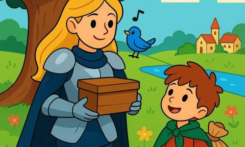 Une chevaleresse aux longs cheveux dorés, vêtue d'une armure étincelante et d'un manteau bleu sombre, se tient devant un grand chêne majestueux, tenant une boîte en bois contre son cœur, prête à offrir la paix entre les villages. À ses côtés, un petit garçon nommé Tom, âgé d'environ 8 ans, porte une cape verte et un sac de biscuits, l'admirant avec excitation. Un oiseau bleu chante joyeusement sur son épaule, ajoutant une touche de magie à la scène. Ils se trouvent dans une prairie verdoyante parsemée de fleurs colorées, avec deux villages en arrière-plan, séparés par une rivière scintillante. Ils sont prêts à déposer l'offrande de paix au pied du chêne, entourés de la beauté de la nature.