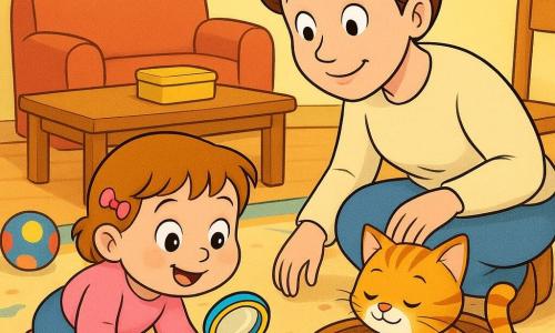 Une fillette de 2 ans, joyeuse et curieuse, cheveux courts châtain clair avec une petite barrette rose, tient une loupe-jouet colorée et penche le corps pour suivre une piste de miettes ; la maman d’environ 30 ans, douce et attentive, cheveux en chignon et pull clair, est accroupie derrière elle, souriante, main sur une chaise ; le chat Lili, petit tigré orange et blanc, est blotti dans un panier en osier, yeux mi-clos et patte sur un biscuit cassé ; le salon est chaleureux avec une petite table en bois clair et boîte à biscuits vide, un tapis à motifs, miettes brillantes menant au panier, une balle trouée et un doudou peluche ; scène principale : la fillette suit la piste avec sa loupe, la maman veille et le chat découvre le biscuit ; ambiance colorée et lumineuse, couleurs chaudes, textures douces, style dessin animé années 90, composition simple et lisible pour jeunes enfants.