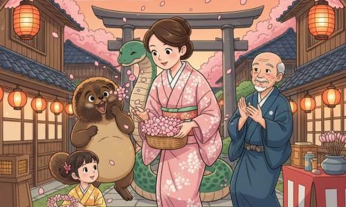 Aiko, femme d'une trentaine d'années au visage doux et aux yeux noirs brillants, porte un kimono en coton rose pâle à motifs de cerisiers et tient un panier d'où débordent des fleurs ; à sa gauche un tanuki joueur au pelage brun doré souffle des pétales comme des confettis, devant elle une fillette d'environ 8 ans en yukata jaune tresse une guirlande de fleurs, à droite un vieil homme d'environ 70 ans à la barbe blanche applaudit près d'une table décorée de lanternes, tandis qu'à l'arrière-plan un grand serpent écaillé vert émeraude repose près d'un portail en pierre ; le tout se déroule sur une place de village pavée bordée de maisons en bois aux toits sombres sous une voûte de cerisiers en fleurs et des lanternes rouges, pétales flottant dans un ciel crépusculaire orange-rose, ambiance de fête de printemps joyeuse et magique, rendu visuel concret aux dégradés lisses, contours nets, textures détaillées et palette pastel riche (roses, ors, verts émeraude, bleu nuit).