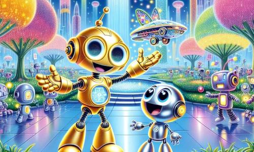 Zappy, un petit robot argenté aux yeux ronds et lumineux, se tient au centre d'un parc futuriste, les bras écartés, exprimant joie et excitation. Son corps scintillant reflète les couleurs vives du parc, entouré d'arbres brillants et de fleurs dansantes. À ses côtés, le Professeur Circuit, un grand robot doré avec des engrenages visibles, sourit en montrant une maquette de véhicule flottant, expliquant quelque chose d'enthousiasmant à Zappy. Le parc central de Lumiville est magique, avec des routes scintillantes et des bâtiments en forme de fleurs géantes, sous un ciel ensoleillé. Des hologrammes colorés flottent, créant une atmosphère féerique. Zappy et le Professeur Circuit découvrent les merveilles de la technologie futuriste, entourés de robots variés, tandis que des bulles de bonheur s'élèvent autour d'eux, ajoutant une touche de magie à cette journée inoubliable.