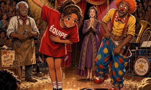 Zoé, 12 ans, enthousiaste et timide, cheveux châtain en queue-de-cheval, t-shirt rouge « ÉQUIPE », fait une longue révérence au centre de la piste, sourire et yeux brillants, jambes qui tremblent ; Milo, clown d’environ 30 ans avec perruque orange bouclée, nez rouge et pantalon à pois trop large, se tient à sa droite en position comique, un côté du pantalon glissant, expression surprise et malicieuse ; Madame Lila, directrice d’environ 50 ans, coiffée et élégante, observe fièrement derrière la troupe, mains jointes ; Papi Renaud, menuisier d’environ 70 ans en tablier poussiéreux, cheveux gris et lunettes rondes, sourit en arrière-scène en tenant un outil. Le chapiteau rond à toile rouge et blanche, piste en bois ciré, sciure au sol, chaises alignées, projecteurs chauds aux faisceaux jaunes et roses éclairent la finale du spectacle où tous les artistes saluent ; composition dynamique, lumière concentrée sur Zoé et Milo, couleurs vives et contrastées, style comics aux traits nets, décor de cirque riche (paillettes, pancarte « MERCI », instruments).