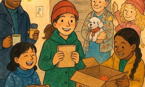 Six personnages dans un hall d’immeuble décoré pour Noël : Inès (fillette en queue de cheval, bonnet rouge, manteau vert) au centre devant une grande boîte à surprises avec un carnet, Zoé (fillette cheveux courts noirs, écharpe bleue) à gauche tenant un plateau de biscuits, Nour (fillette peau mate, tresse, manteau moutarde) à droite en train d’ouvrir la boîte, Lila (fillette cheveux blonds bouclés, bonnet rose) un peu en retrait accrochant une guirlande, Karim (homme d’une quarantaine d’années, bonnet sombre, manteau long) à gauche tenant une petite boîte et une tasse de chocolat chaud, et Madame Lenoir (femme âgée, chignon gris, gilet à fleurs) derrière Nour caressant un petit caniche au foulard rouge; sol carrelé, escalier en arrière-plan, guirlandes et lumières, bougies électriques, traces de neige sur le paillasson et dessins d’enfants collés au mur; ambiance chaleureuse de fête de quartier où voisins et enfants déposent mots et cadeaux dans la boîte, partagent biscuits et chocolat chaud, rient ensemble.