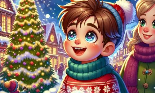 Timothée, un garçon de 11 ans aux cheveux châtains et aux yeux curieux, se tient devant un grand sapin de Noël illuminé, rayonnant de joie. Il porte un pull rouge avec un flocon de neige et une écharpe bleue, ses joues rosies par le froid. Il tient une boule de neige étincelante. À ses côtés, Margot, une jeune femme d'environ 25 ans avec des cheveux blonds en chignon, l'observe avec fierté, vêtue d'un manteau vert et tenant un livre de contes de Noël. Le décor est une place centrale enneigée, illuminée par les lumières du sapin et décorée de guirlandes colorées. Timothée découvre la magie de Noël, prêt à partager un moment inoubliable avec ses amis et Margot.