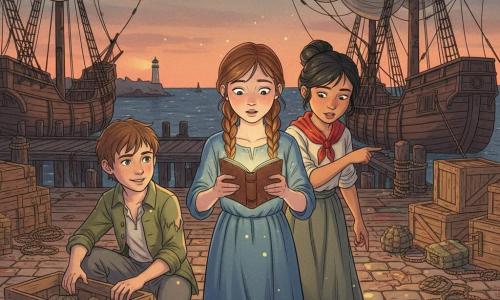 Trois enfants au crépuscule dans un grand port du XVIIe siècle : Lila (≈11 ans, tresses châtain, robe bleue) tient au centre un petit carnet de cuir émettant une douce lueur dorée qui enveloppe leurs mains et éclaire leurs visages étonnés ; Tom (≈12 ans, cheveux bruns courts, veste kaki usée) se tient à gauche en train d'ouvrir une caisse en bois ; Noor (≈11 ans, peau hâlée, chignon noir, foulard rouge) est à droite et pointe vers le port. Lieu : pontons en bois usé, mâts et voiles froissées, caisses et cordages, pavés humides reflétant la lumière, mer sombre et phare à l'arrière-plan. Atmosphère : aventure douce, encre aux traits fins, jeux d'ombres chaudes et reflets humides sur le bois.