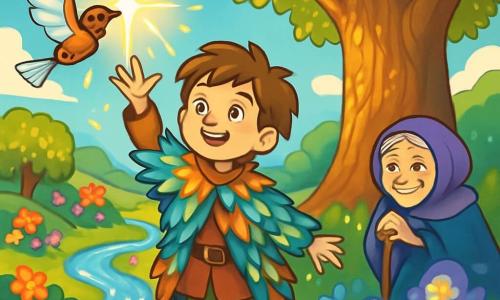 Le Petit Poucet, un garçon aux cheveux châtains et aux yeux curieux, porte un manteau de plumes colorées. Il se tient devant le Grand Arbre, majestueux avec ses feuilles dorées. À ses côtés, Venturo, un oiseau mécanique, vole gracieusement. Plus loin, la gardienne du Jardin des Étoiles, une vieille femme souriante, est entourée de fleurs luminescentes. Le lieu mêle nature et magie, avec des rivières scintillantes et des collines verdoyantes. Le Petit Poucet lève un Éclat de l'Aube au-dessus de sa tête, tandis que des éclats de lumière dansent autour de lui, symbolisant la magie renaissante dans le royaume.