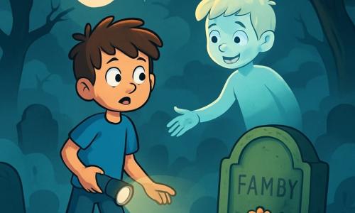 Maxence, un garçon de 10 ans aux cheveux bruns en désordre et aux yeux curieux, se trouve dans un cimetière mystérieux, affichant une légère peur mêlée d'excitation. Il porte un t-shirt bleu et un jean déchiré, tenant une lampe torche qui éclaire faiblement son chemin. À ses côtés, un garçon fantomatique d'apparence translucide et aux cheveux blonds flotte légèrement. Il tend la main vers Maxence pour l'inviter à le suivre. Le cimetière est enveloppé de brume, avec des tombes anciennes et des arbres tordus. Maxence s'avance vers une tombe ornée de fleurs fraîches, tandis que le garçon fantôme lui montre une inscription mystérieuse. L'atmosphère est intrigante et légèrement angoissante, mêlant curiosité et frissons.
