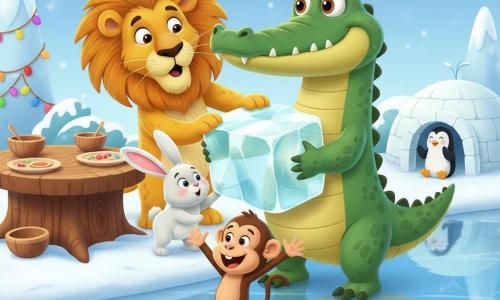 Un crocodile souriant et maladroit à peau vert émeraude tient fièrement un bloc de glace, un lapin blanc potelé touche la glace, un lion doré et touffu frissonne surpris derrière, un singe brun glisse en riant et un petit pingouin noir et blanc applaudit depuis l’entrée d’un mini-igloo ; rive d’une rivière bleue, banc de neige et igloos, guirlandes colorées et bols en bois sur un tronc transformé en table, ambiance festive, couleurs vives et textures contrastées.