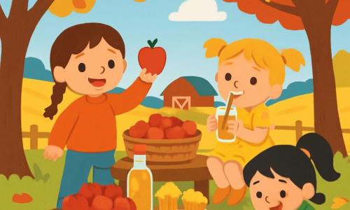 Il y a trois personnages : Zoé, une fille de 6 ans avec des cheveux bruns et des tresses, portant un pull orange et un pantalon en jean, souriante avec une pomme rouge ; Emma, une fille de 5 ans avec des cheveux blonds et des couettes, habillée d'une robe jaune à fleurs, assise sur une pierre en train de boire du jus de pomme ; et Mila, une fille de 6 ans avec des cheveux noirs en queue de cheval, portant un manteau vert, accroupie pour ramasser une feuille colorée. La scène se déroule dans une ferme en automne, avec des arbres aux feuilles colorées, une grande table en bois remplie de pommes, de jus de pomme et de gâteaux, entourée de champs dorés. Les trois amies s'amusent à ramasser des pommes et à déguster des friandises, profitant de la fête de l'automne.