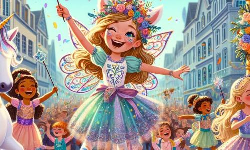 Au centre de l'image, Clara, une fille de 12 ans, est joyeusement vêtue d'un costume de licorne coloré. Elle danse sur un char décoré de fleurs, souriante et excitée. À ses côtés, sa meilleure amie Luna, également âgée de 12 ans, déguisée en fée, l'encourage à danser avec une baguette magique. En arrière-plan, une place animée est remplie de personnes de tous âges en costumes, célébrant le carnaval sous un ciel ensoleillé. Clara et Luna, entourées d'enfants dansant et chantant, créent une atmosphère festive et joyeuse qui capture l'esprit du carnaval.