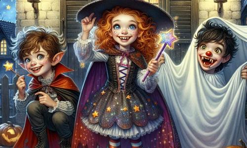 Au centre de l'image, Léonie, une fille de 11 ans, sourit avec des cheveux bouclés châtaigne et un costume de sorcière scintillant, tenant une baguette magique. À sa droite, Max, également âgé de 11 ans, déguisé en vampire avec une cape rouge, essaie de faire rire Léonie. À gauche, Zoé, 10 ans, en costume de fantôme, tient un masque de clown. En arrière-plan, une maison hantée mystérieuse est décorée de lanternes orange, créant une ambiance festive. Ils décorent la maison pour Halloween, remplissant les pièces de lanternes et de bonbons tout en riant.