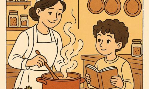 Lina, une femme chef cuisinier, sourit, ses cheveux bruns en chignon, portant une toque et un tablier blancs. Elle remue une casserole avec une cuillère en bois, une vapeur parfumée s'en échappe. À ses côtés, Jules, un garçon de neuf ans, observe avec intérêt, tenant un carnet de recettes. Ils sont dans une cuisine chaleureuse, entourés de bocaux d'épices et de casseroles. La lumière du soir baigne la pièce, créant une ambiance accueillante. Lina et Jules préparent un plat spécial avec des ingrédients frais et des douceurs.