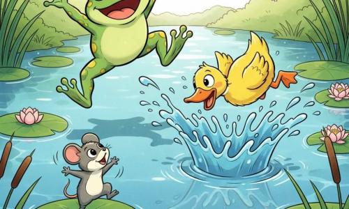 Grenouille verte à pois jaunes, grande bouche souriante et yeux ronds, sautant en l'air ; canard jaune vif au bec orange, glissant et basculant au-dessus d'un gros éclaboussement ; petite souris grise au ventre blanc dansant sur un nénuphar en regardant les autres ; étang calme aux eaux bleues, nénuphars verts, fleurs rose pâle, roseaux et reflets du soleil ; scène joyeuse aux couleurs vives et contours doux.