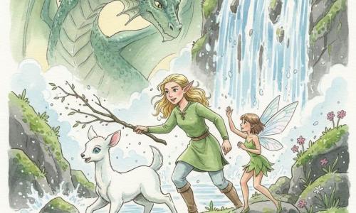 Elara, jeune elfe courageuse au visage concentré et souriant, peau légèrement lumineuse et cheveux blonds ondulés, avance vers la cascade en tenant une branche pour dégager des ronces; Flocon, faon magique au pelage blanc éclatant et aux yeux brillants, trotte joyeusement légèrement en avant; Lyra, petite fée délicate aux ailes translucides irisées et cheveux châtains courts, est perchée sur une pierre en signe d’encouragement; le dragon gardien massif, écailles iridescentes vert-bleu et yeux doux mais perçants, se tient en arrière-plan ailes mi-déployées surplombant la cascade des étoiles — chute d’eau scintillante comme des fils d’argent, brume lumineuse, rochers couverts de mousse fluorescent et petites fleurs phosphorescentes — scène en mouvement où Elara cherche des amis sous une lumière douce de crépuscule, couleurs pastel vives et textures aquarelle avec touches d’éclaboussures sur gouttes et mousse.