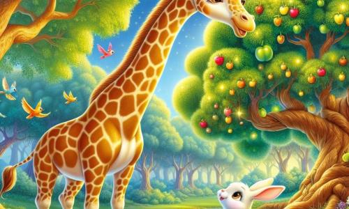 Une girafe nommée Ginette, avec un long cou et des taches dorées, se tient au centre de la clairière, émerveillée. Elle s'étire pour atteindre un arbre ancien chargé de fruits brillants, ses grands yeux curieux. À côté, un petit lapin blanc nommé Léo l'admire, ses pattes avant au sol. En arrière-plan, des oiseaux colorés volent, illuminant le ciel bleu. La clairière, baignée de lumière dorée, est entourée d'arbres majestueux et de fleurs vives. Ginette et Léo découvrent ensemble les trésors de la forêt magique, partageant un moment d'amitié.