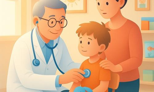 Un docteur souriant aux cheveux gris et lunettes, agenouillé en blouse blanche avec stéthoscope bleu, écoute la poitrine d'un garçon de cinq ans (Tom) aux cheveux châtain clair, assis sur une petite chaise et tenant un doudou bleu, tandis que sa mère la trentaine, cheveux attachés, se tient à côté, main sur l'épaule, dans une petite salle de consultation lumineuse aux tons crème et pastels, lumière dorée venant d'une fenêtre, atmosphère douce et rassurante centrée sur la confiance entre eux.