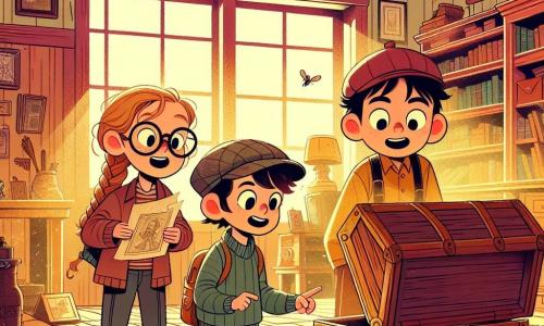 Dans une vieille maison, trois amis se tiennent ensemble. Léo, 8 ans, aux cheveux bruns et lunettes rondes, regarde un coffre ancien avec excitation. À sa droite, Mia, 7 ans, avec des cheveux blonds tressés, pointe le coffre. À gauche, Tom, 8 ans, avec des cheveux noirs et une casquette rouge, tient une vieille photo, l'air perplexe. La pièce est remplie de vieux meubles, de toiles d'araignées et de lumière filtrant à travers les fenêtres poussiéreuses. Le sol est recouvert d'un tapis usé, et des livres anciens sont empilés sur une étagère. Ils découvrent un coffre mystérieux et enquêtent sur un jouet trouvé à l'intérieur.