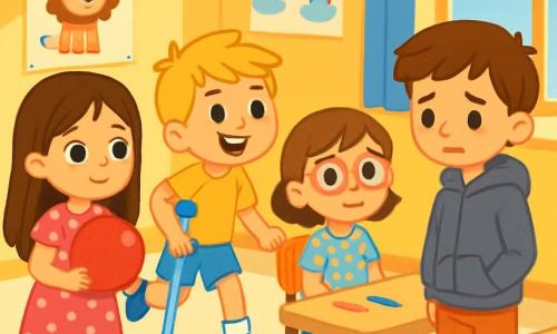 Quatre enfants sont présents : Zoé, 8 ans, cheveux bruns, robe rose à pois blancs, tenant un ballon rouge ; Léo, 7 ans, cheveux blonds en bataille, t-shirt jaune et short bleu, courant avec une béquille bleue ; Jade, 8 ans, lunettes roses, blouse à fleurs, assise et inquiète ; Paul, 7 ans, cheveux châtains, sweat à capuche gris, triste et à l'écart. L'action se déroule dans une salle de classe lumineuse de l'école Arc-en-Ciel, aux murs jaunes décorés de dessins. Paul avoue à ses amis avoir pris le dessin de Jade, tandis que les autres l'écoutent attentivement, créant une atmosphère tendue mais pleine d'espoir.