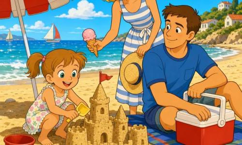Une fillette de 4 ans, joyeuse et émerveillée, cheveux châtain clair en couettes, yeux bleu-vert, robe à fleurs, accroupie en train de construire un grand château de sable avec un seau rouge et une pelle jaune ; un homme d'environ 35 ans, sourire chaleureux, cheveux bruns courts, t-shirt bleu, assis sur une serviette à côté d'elle tenant une glacière ; une femme d'environ 33 ans, blonde mi-longue, lunettes de soleil, robe d'été rayée, debout en arrière offrant une glace et tenant un chapeau de paille ; plage vaste au sable doré, petites vagues translucides brillantes, coquillages épars et parasol rayé rouge et blanc à côté ; après-midi d'été lumineuse, couleurs chaudes, ombres douces, ambiance familiale joyeuse et paisible, style cartoon années 90 à traits nets et palette saturée.
