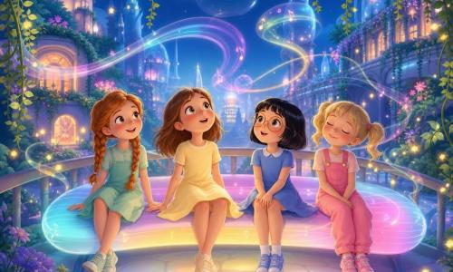 Quatre filles de 6 ans sont assises la nuit sur un banc musical illuminé et vibrant dans un pont-jardin suspendu pavé de dalles pastel : Mila, cheveux bruns mi-longs, robe jaune pâle, regard émerveillé vers le ciel au centre ; Lila, tresses rousses et tenue vert menthe, à gauche en train de se balancer doucement ; Nora, cheveux courts noirs et lunettes rondes, robe bleue, à droite, les mains sur les genoux, impressionnée ; Zoé, couettes blondes en salopette rose, au bout à droite, yeux fermés bercée par la musique. Autour, lianes lumineuses vert émeraude, lucioles électriques en petites étoiles, toits fleuris, tours de verre futuristes et bulles flottantes ; la berceuse se manifeste en ondes colorées sculptant l'air, créant une atmosphère calme, magique et chaleureuse aux tons pastel ponctués de néons doux.