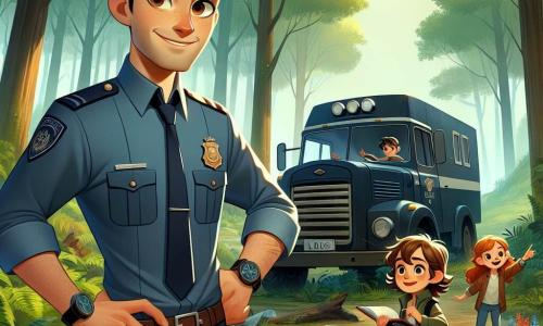 L'agent Julien Moreau, dans la trentaine, avec des cheveux bruns et des yeux déterminés, porte un uniforme bleu marine et sourit. Il se tient devant un camion abandonné dans une forêt, carnet et stylo en main, prêt à enquêter. À ses côtés, Lucas, dix ans, aux cheveux blonds en bataille et lunettes rondes, observe le camion, tandis qu'Emma, huit ans, avec des couettes brunes, pointe une trace de pneus. La scène se déroule dans une forêt dense avec des arbres majestueux, des feuilles mortes et des fleurs sauvages, créant une atmosphère magique. Julien et les enfants découvrent le camion abandonné, avec une statue cachée sous une bâche à proximité, examinant des indices dans un moment de suspense.