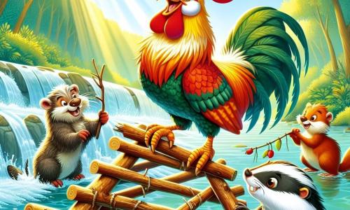 Un coq aux plumes dorées et rouges se tient sur un radeau de branches, affichant un grand sourire. Ses yeux brillent d'excitation alors qu'il s'apprête à diriger une pyramide d'animaux. À ses côtés, un blaireau au pelage gris et noir observe avec scepticisme, tandis qu'un castor brun lutte pour ne pas tomber à l'eau. En arrière-plan, une rivière scintillante traverse une forêt verdoyante, baignée de lumière. Le coq essaie de construire la pyramide d'animaux sur le radeau, tandis que tous s'amusent et éclaboussent l'eau dans une joyeuse explosion de rires.
