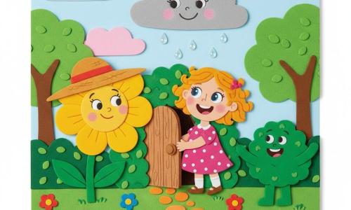 Une fillette de 4 ans, joyeuse et malicieuse, cheveux bouclés dorés et robe rose à pois blancs, rit en ouvrant une petite porte en bois cachée dans un buisson; à sa gauche Marguerite, une grande fleur jaune au chapeau de paille et visage souriant sur la corolle, se penche vers elle; à sa droite Pif, un petit buisson vert aux feuilles en forme de mains et yeux ronds, remue ses branches en riant; au-dessus flotte Grumpy, un nuage gris au sourire timide faisant tomber quelques gouttes translucides; le jardin secret montre une pelouse verte, fleurs mousse colorées et une allée de cailloux orange dans un ciel bleu pâle, la scène dépeint un rire partagé avec expressions amicales, contours nets et couleurs vives.