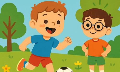 Léo, un garçon de 8 ans souriant et énergique, porte un maillot bleu et des shorts rouges. Il dribble un ballon de football sur un terrain verdoyant, les yeux brillants de joie. À ses côtés, Tom, un garçon de 7 ans avec des cheveux bruns et des lunettes rondes, l'observe avec admiration. Le parc est ensoleillé, avec des arbres verts, des fleurs colorées et un ciel bleu. Léo court après le ballon, prêt à marquer, tandis que Tom l'encourage avec un grand sourire, créant une atmosphère de camaraderie et de joie.
