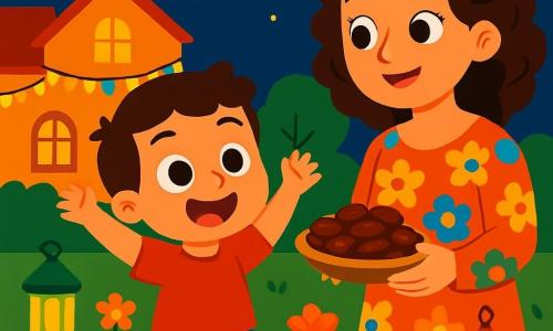 Un petit garçon de 4 ans, Amir, aux grands yeux ronds et au sourire éclatant, porte un t-shirt rouge et un short bleu. Il saute de joie dans le jardin, émerveillé par les lumières des maisons voisines. Sa maman, d'une trentaine d'années, cheveux bruns et bouclés, sourit en tenant un plat de dattes, vêtue d'une robe colorée aux motifs floraux. Le jardin est rempli de fleurs et de lanternes, créant une ambiance festive. Ils sont entourés de leur famille, réunis pour célébrer le Ramadan sous les étoiles.