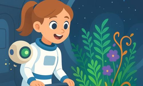 Léa, souriante et émerveillée, cheveux châtain clair en queue de cheval, en combinaison spatiale blanche à touches bleues, pose les mains sur la rambarde d’un sas en découvrant une petite salle-bulle abandonnée d’une station spatiale ; un petit robot sphérique crème à œil vert flotte à côté d’elle, tandis qu’au centre un jardin secret phosphorescent — fougères vert vif, fleurs pourpres et lianes orange — éclaire la pièce aux murs métalliques arrondis et aux panneaux lumineux bleus, ambiance calme, magique et chaleureuse, style graphique épuré aux couleurs douces, contours nets, composition centrée sur Léa et le jardin.