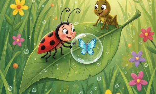 Lili, petite coccinelle aux ailes rouges à six points noirs, et Gribouille, petit grillon brun-olive aux antennes fines, secouent doucement une grande feuille texturée pour libérer Azur, un papillon bleu prisonnier d'une goutte de rosée translucide ; le jardin matinal baigne la scène de lumière, herbes luisantes, fleurs multicolores et gouttes scintillantes, le tout dans un style gouache enfantin aux couleurs vives, contours arrondis et ambiance douce et bienveillante.