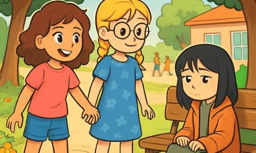 Il y a trois personnages : Léa, une fille de 10 ans aux cheveux châtains bouclés, souriante et vêtue d'un t-shirt rose et d'un short en jean, se tient à gauche ; Sofia, également âgée de 10 ans, avec des cheveux blonds tressés et des lunettes rondes, porte une robe bleue à fleurs et se trouve au centre, hésitante ; et la nouvelle élève, une fille de 9 ans aux cheveux noirs raides, triste dans un manteau trop grand, assise sur un banc. L'action se déroule dans une cour d'école ensoleillée, avec des enfants jouant au loin et des fleurs colorées. Léa et Sofia, main dans la main, s'approchent de la nouvelle élève pour l'inviter à jouer, tandis qu'elle lève timidement les yeux, surprise mais curieuse.