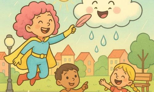 Zébuline, super-héroïne souriante aux cheveux bouclés roses, cape jaune et costume bleu clair, saute en chatouillant un nuage avec une plume rose; le nuage, personnage rond et duveteux aux joues roses, rit et laisse tomber des gouttes perlées; un garçon de 6 ans aux cheveux bruns courts et bottes rouges tient un parapluie fermé depuis une flaque en souriant et en pointant le nuage, tandis qu'une fillette de 4 ans aux tresses blondes et robe à pois saute dans une autre flaque près d'un banc en bois; décor : la place colorée de Lulaville avec maisons aux toits rouges, lampadaires ronds, arbres verts, grandes flaques réfléchissantes et rayons de soleil dorés; scène lumineuse aux lignes douces et couleurs pastel vives, atmosphère chaleureuse et ludique.