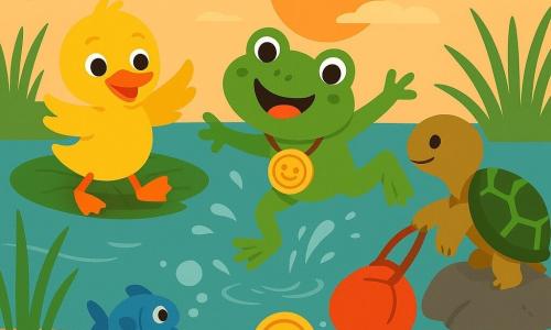 Une petite grenouille verte, Fripouille, aux yeux brillants, plonge malicieusement pour récupérer une médaille dorée tombée dans la vase ; son sac rouge flotte près d’un nénuphar pendant que Coincoin, un canard jaune à bec orange sur une grande feuille à gauche, bat des ailes pour créer un courant, Toupie la tortue brune à carapace verte pousse doucement le sac depuis un rocher à droite, et Bulle, un petit poisson bleu, souffle des bulles près de la médaille ; en arrière-plan des libellules colorées volent au-dessus d’un étang calme aux nénuphars, herbes hautes et vagues légères au coucher du soleil, scène joyeuse avec éclaboussures et expressions heureuses.